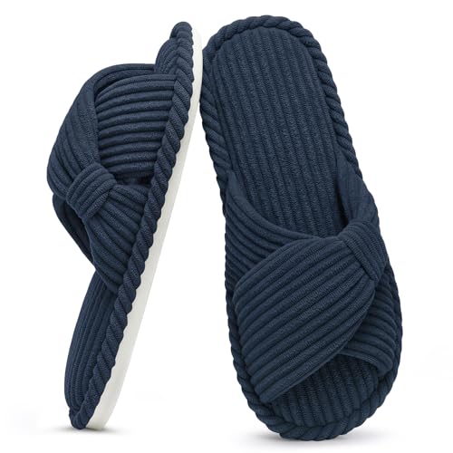 Image of Evshine Summer House Slippers for Women Corduroy Cross Bow Indoor Slippers Open Toe Slip On Bedroom Shoes with Memory Foam