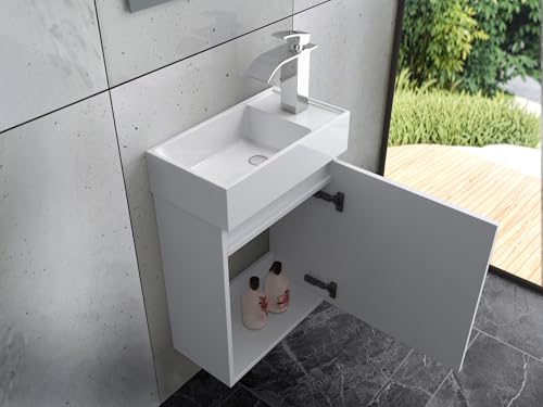 Faizee Home Badmöbel Set Weiß – Waschbeckenunterschrank mit Keramik Waschbecken & Armatur – Kompakter Badezimmerschrank Badschrank ohne Spiegel für Gäste WC & kleine Bäder