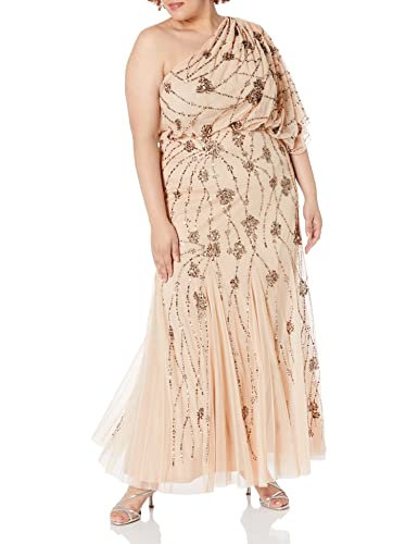 Adrianna Papell One Shoulder Beaded Blouson Dress Nude 10