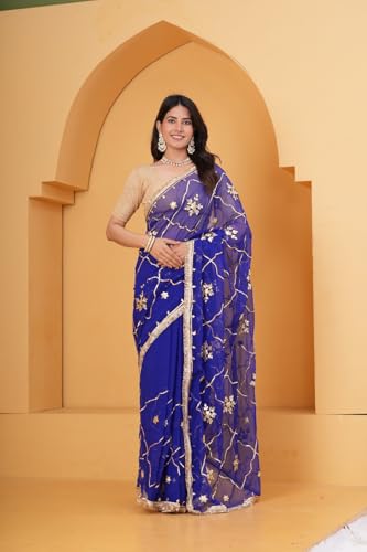 Image of Embroidered Net Saree with Blouse for Women | Royal Blue Saree with Floral Gota Patti Work | Festive Ethnic Saree | Traditional Ethnic Wear
