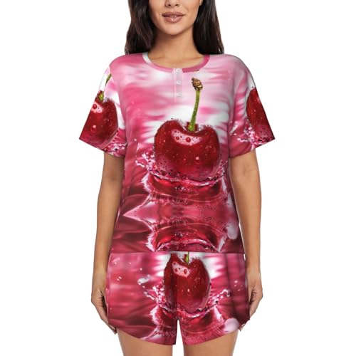 Pyjama short femme à poches et motif cerises rouges élégant