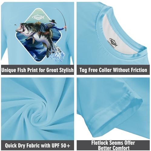 Palmyth Boys Fishing Shirt Youth Long Sleeve T-Shirt UPF 50+ Sun Protection (Ice Blue/Cowboy Master, L)