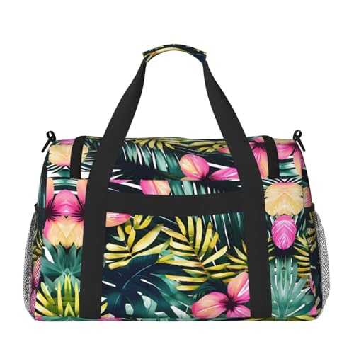 Tropical Summer Hawaiian Flower Palm Leaves print Large Canvas Travel Duffel Bag Weekender Bags for Women Overnight Bag Carry On Tote Bag2