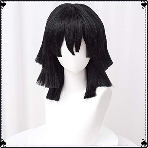 Image of LABEAUTE Obanai Cosplay Wig Anime Short Black Wig Character Cosplay Clothes for Demon Slayer: Kimetsu no Yaiba for Synthetic Hair Halloween Costume Party