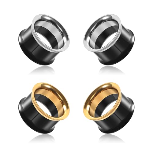 Longbeauty 2 pares de dilatadores de acero inoxidable negro dilatadores de oreja, calibre doble, 6-16 mm, 6MM