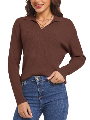 Woolicity Sweaters for Women Long Sleeve Knitted Collared Sweater Polo V Neck Casual Pullover Shirts Jumper Tops