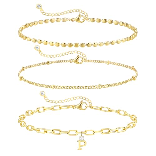 ZHESHY Gold Initial Bracelets for Women Dainty Letter P Charm Bracelets Non Tarnish 14K Gold Plated Stackable Layered Paperclip Link Chain Bracelets Stack Set Personalized Gifts Womens Jewelry - image 1