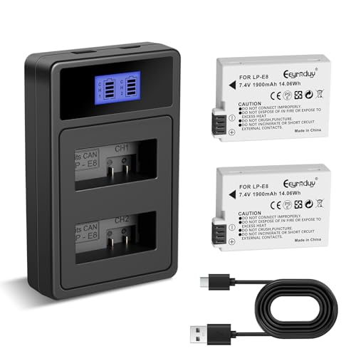 Eeynduy LP-E8 Batteries 2-Pack and Battery Charger for Canon EOS Rebel T2i, T3i, T4i, T5i, EOS 550D, 600D, 650D, 700D DSLR Digital Cameras (LP-E8)