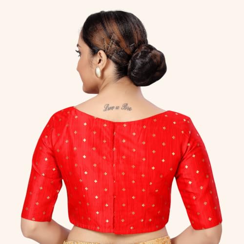 Image of Studio Shringaar Women Cotton Silk Silky Brocade Readymade Elbow Length Sleeves Saree Blouse Choli