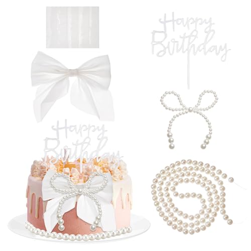NICENEEDED Pearl Bow knot Cake Toppers and Pearl Chain, White Bow Cake Decoration, Bow Cake Topper for Wedding Bridal Shower Party Cake Decorations Supplies