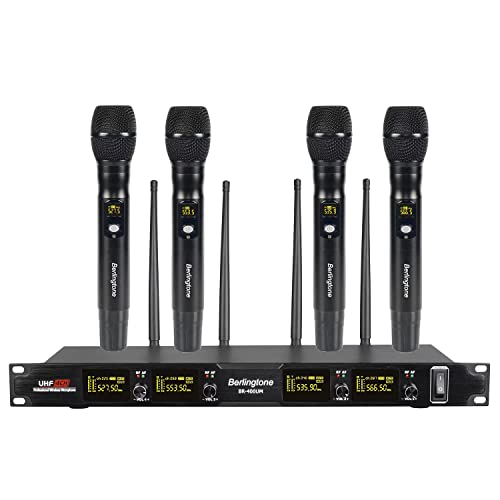 Berlingtone) 4-Channel Professional UHF Wireless Dynamic Microphone Systems, 4 Independent Antenna, 4 Fixed Frequency Channel, Metal Mic, Base, Wedding, Church, DJ, Party, up 260ft Range (BR-400UM)