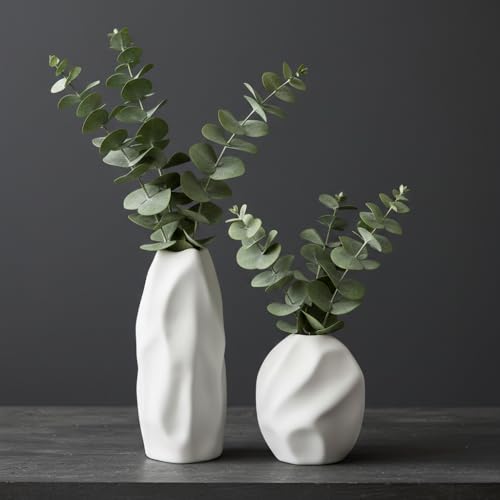 Image of PUREZENTO 'Mudstone' White Ceramic Vase - Set of 2 | Centerpiece & Showpiece Vases for Home Decor, Bedroom, Bookshelf & Tabletop Styling | Decorative Vase for Pampas Grass, Dried & Artificial Flowers