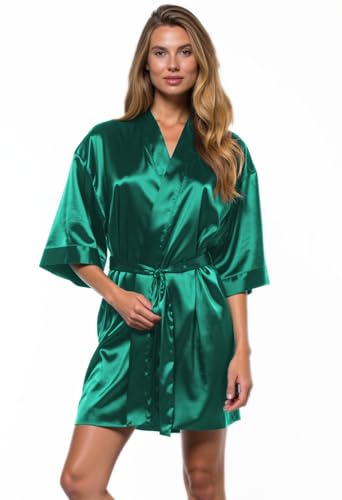 Image of Turquaz Women's Bride Bridesmaids Robe - Satin Kimono Robes for Wedding & Bridal Party Silk Like Lightweight Robes for Women, Lush Meadow Green, Medium