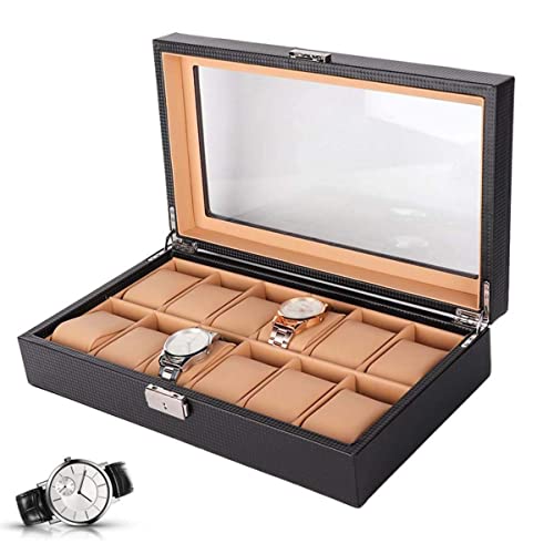 Boîtier montre 12 emplacements en cuir PU avec couvercle en verre véritable