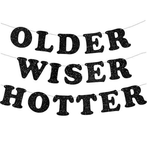 Image of 3pcs Pre-Strung Older Wiser Hotter Banner Funny Black Birthday Bunting Sign for Women Men 30th 40th 50th 60th 70th 80th Birthday Party Decorations