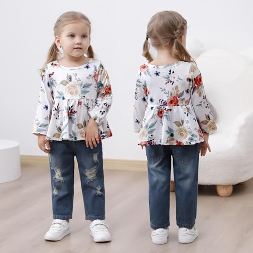 Image of CARETOO Girls Clothes Outfits, Cute Baby Girl Floral Long Sleeve Pant Set Flower Ruffle Top