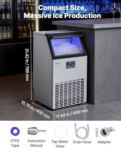 Image of VEVOR Commercial Ice Maker Machine, 130 lbs /24h with 26 lbs Storage Capacity, Crescent Ice,Built-in /Freestanding /Under Counter, Stainless Steel Ice Maker with LED Display for Home Bar Restaurant