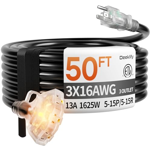 Deeklify 50 ft 16/3 awg 3 Outlet Extension Cord Splitter with Indicator, Waterproof Outdoor Extension Cord with Multiple Outlets, 13A 1625W for Home & Workshop, ETL Listed, Black SJTW