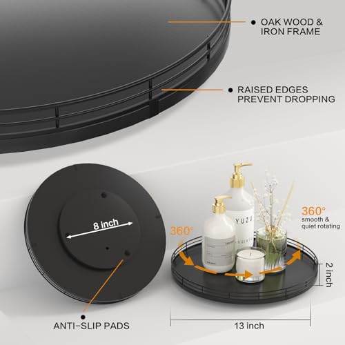 Image of 13 inch Oak Wood Lazy Susan Organizer, Lazy Susan for Cabinet Dining Table Pantry Wood Turntable Organizer Tray for Coffee Table Kitchen Countertop Salt Pepper Spice Organization and Storage Round Black
