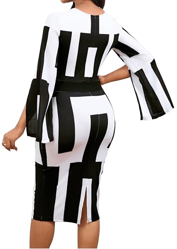 Women Sexy Dresses Bodycon Church 3/4 Sleeve African Print Pencil Party Office Dress Work with Split4