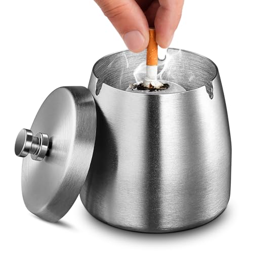 Tatxmalv Cendrier Coupe Vent D'extérieur, Cendrier en Acier Inoxydable avec Couvercle pour La Décoration de La Maison et du Bureau (Argenté)