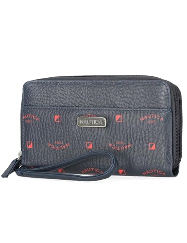 Nautica On The Double Zip Around Vegan Leather Womens RFID Clutch Wallet With Wristlet Strap, Indigo Red
