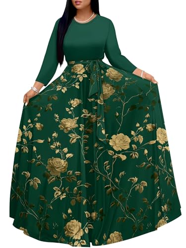 Image of PinkPatty Women's Long Sleeve Maxi Dress Plus Size Trendy Wedding Guest Wrap Dress with Pockets&Belt