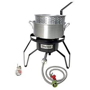 Bayou Classic® 633-410 High Pressure SP10 Cooker, 14-in Wide, 10-PSI, Pot with Basket, Fry Thermometer Fish Fryer, Black