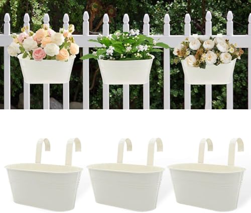 vensovo 3er Set Hängende Blumentöpfe aus weißem Metall – 27,3 cm x 13,5 cm x 11,9 cm – Mit abnehmbaren Haken & Drainageloch – Pflanzgefäße für Balkon, Geländer & Innen- und Außenbereich