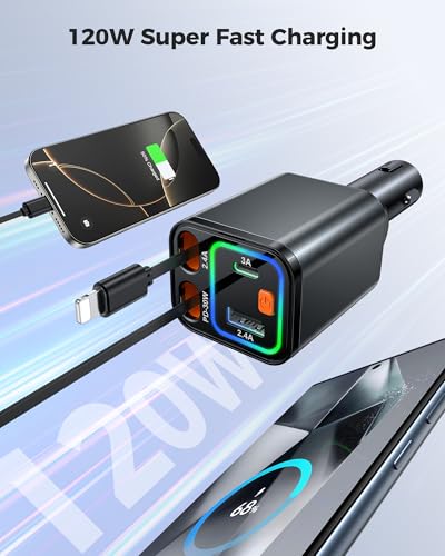 69W Retractable Car Charger, 4-in-1 Fast Car Phone Charger with 2.6ft Two - Photo 12 sur 14