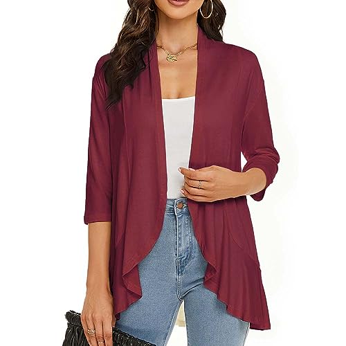 Image of Womens Lightweight Cardigan Open Front Cardigans Soft Draped Ruffles 3 /4 Sleeve Cardigan (S-3XL)