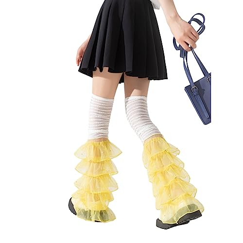 Women Girls Lace Thigh High Leg Warmers Japanese Loose Sheer Mesh Leg Princesses Frilly Boot Socks Yellow