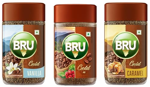 Image of Bru Gold Freeze Dried Pack Of 3, Flavoured Instant Coffee - 55 Gms Each Of Vanilla, Caramel And Classic, Glass Bottle, Ground