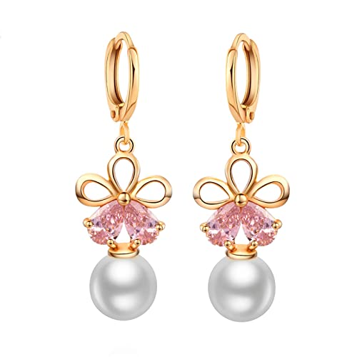 ZQHWYZ 14K Gold Earrings for Women, Long Hoop with Pink Crystal Flower and Pearl Dangle Earrings for Women Gold
