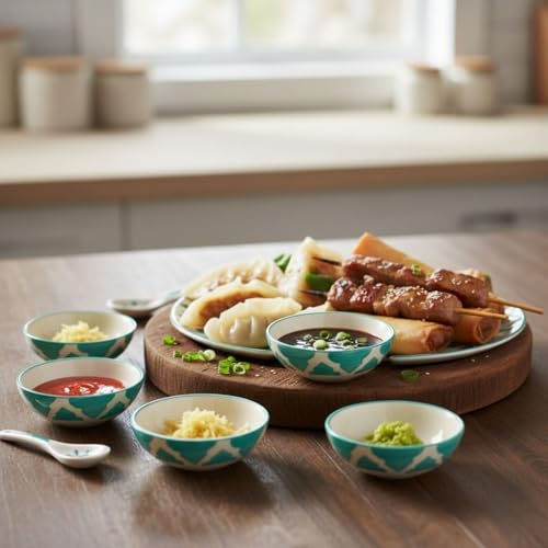 Image of Ceramic Bowl Set For Home Kitchen Use, Ideal For Breakfast Cereal, Smoothie Bowl, Fresh Fruits, Salad, Soup, Pasta and Snacks | Durable And Long-Lasting, Small Soy Sauce Dish (Green, Set of 2)