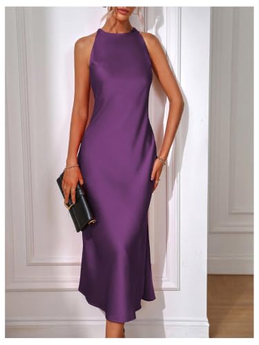 Image of Floerns Women's Elegant Crew Neck Maxi Slit Cocktail Tank Wedding Dress | Boat Neck, Side Slit, Long, Party, Cocktail, Formal, Rehearsal Dinner Guest Midi Dress
