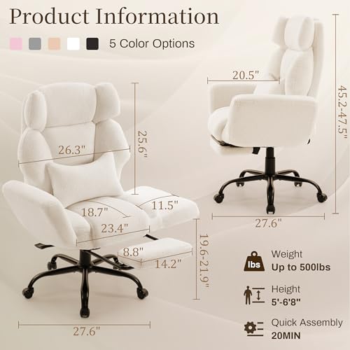 Image of Office Chair with Flip Armrests,Big and Tall Office Chair with Foot Rest,Extra Wide Seat & Lumbar Pillow,Ergonomic Computer Gaming Chair,Comfy Criss Cross Chair for Pets Sitting,Teddy Fleece,White