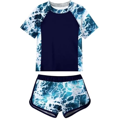 Idgreatim Swimsuits for Girls Blue Ocean Bathing Suits Size 13 14T 2 Piece Rash Guard Swimwear with Short Cover