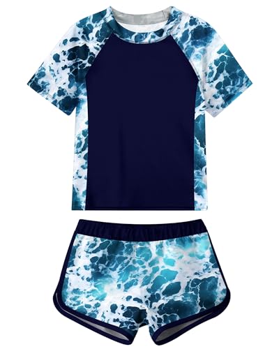Idgreatim Girls Rashguard Swimsuit 2 Piece Short Sleeve Bathing Suit UPF 50+ Sun Proction Swimwear Size 8-16T