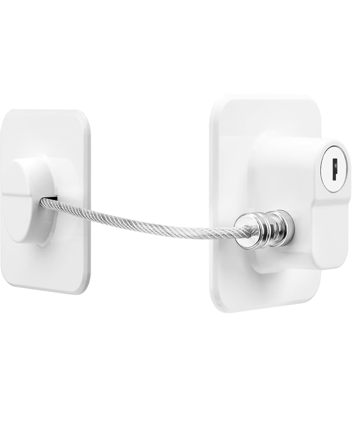 Child Safety Device Refrigerator Door Lock with Key and Adhesives, Cabinet Restrictor Cable for Baby and Toddler, Lock for Cupboards, Drawers, Fridge, Wardrobe, White, Pack of 1