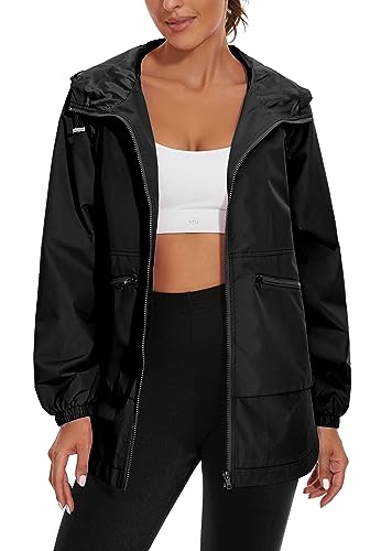 PESION Womens Waterproof Raincoat Lightweight Rain Jacket Trench Coat Hooded Windbreaker With Pockets for Outdoor2