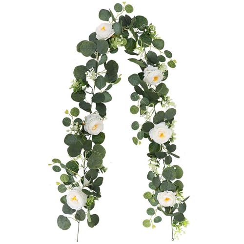 KASESSS White Artificial Flowers Garlands, 180cm Fake Flowers Dahlia Vine Garland, 5.91FT Plastic Flower, Artificial Flower Decoration for Ceremony Home Garden Wall Backdrop Wedding Christmas Party