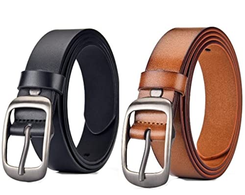 2 Pack Leathers Fashion Belt Cowhide with Pin Buckle Waist Belt for Jeans Pants，Women's Belts