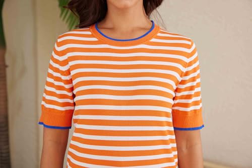 Image of Womens Tops Summer Short Sleeve Shirts Striped Sweater Cute Casual Top Trendy Women Clothing Crewneck Knit Blouses