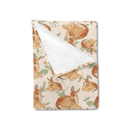 Image of Cute Deer Green Leaves Baby Blanket for Boys Girls Baby Animal Flannel Soft Swaddle Blanket Receiving Blankets for Newborn Nursery Toddler Bed Blanket Stroller Crib Daycare Playmat 50x60