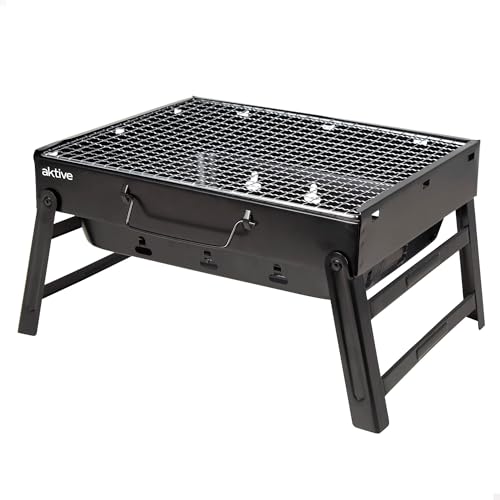 AKTIVE 63031, Barbacoa Portátil a carbón de acero Negra y rectangular, plegable, Medidas 35 x 27 x 20 cm, Con asa, fácil de transportar, parrilla camping, terraza, balcón