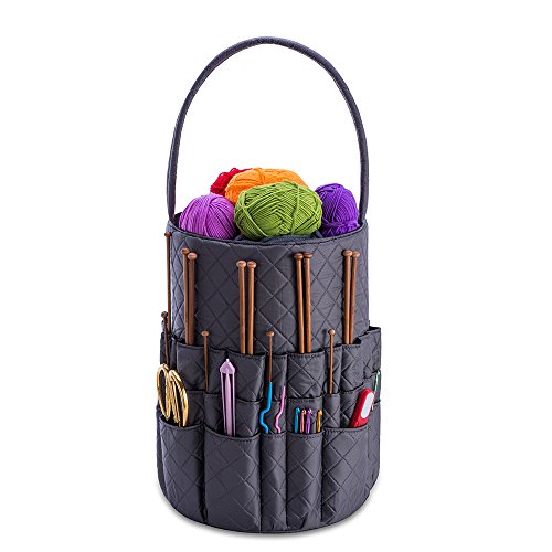 Kiota Quilted Knitting and Sewing Storage Bag - Yarn and Needle Accessory Bucket with Inner Pockets (Slate)