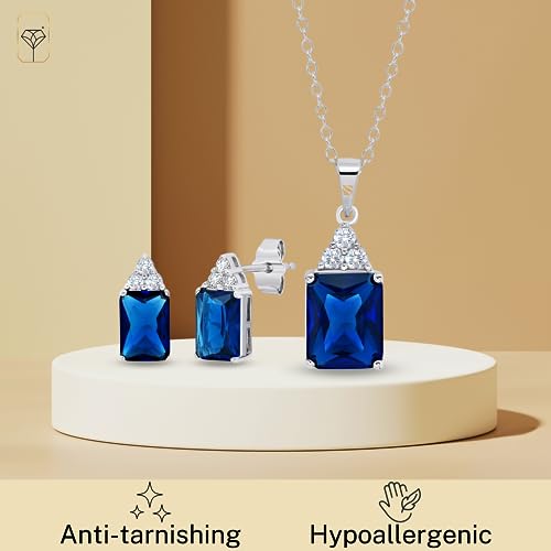Max + Stone Sterling Silver Simulated Blue And White Sapphire Emerald Cut Pendant Necklace And Stud Earring Jewelry Set #TOP2