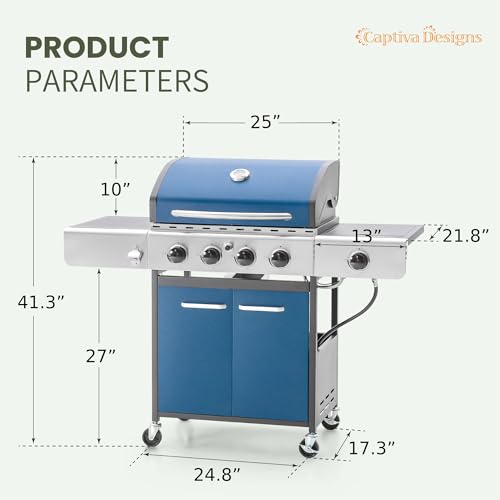 Image of Captiva Designs 4-Burner Propane Gas BBQ Grill with Side Burner & Porcelain-Enameled Cast Iron Grates, 42,000 BTU Output Barbeque Grill for Outdoor Cooking Kitchen and Patio Backyard Barbecue, Blue