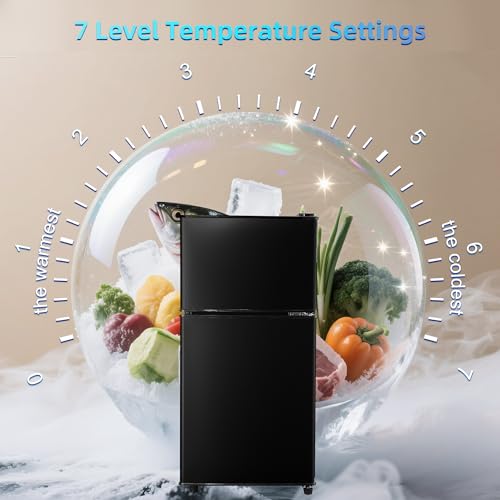 Image of Dorm Fridge with Freezer, Small Refrigerator 3.45 Cu. Ft. with Freezer for Apartment, 7-Level Temperature Adjustable Apartment Size Fridge for Kichen, College, Office, Black